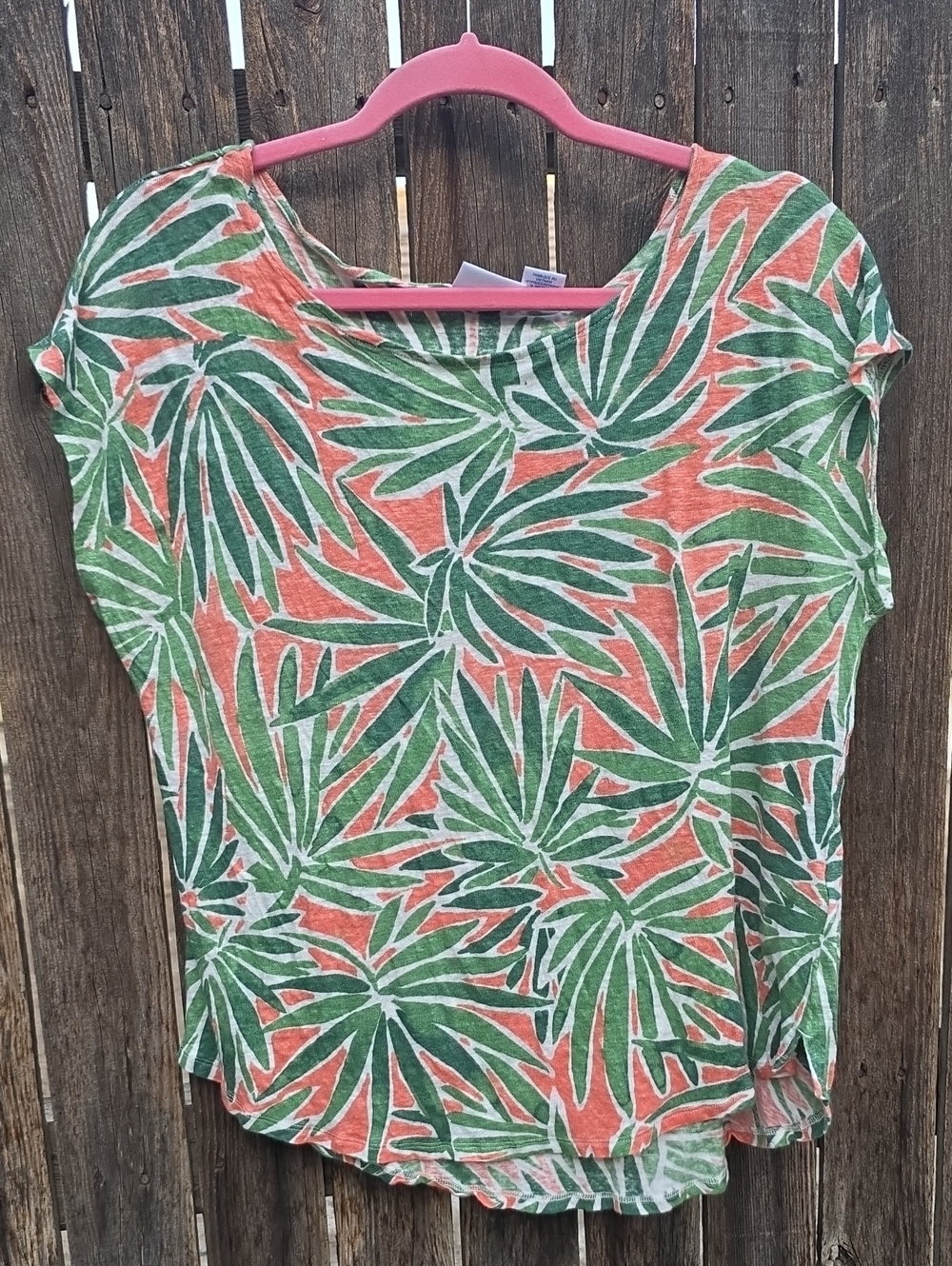 Women’s 100% Linen Tropical Leaf Print Tee - Green & Coral XL